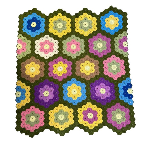 Handmade Crochet Multicolor Grandmother Flower Garden Quilt Throw Hexagon - Picture 1 of 5